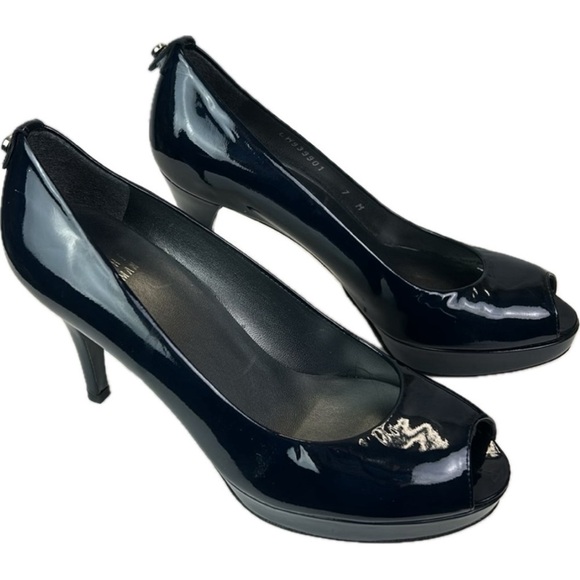 Stuart Weitzman Midnight Blue Patent Leather Peep Toe Stiletto Platform Pumps - Picture 1 of 12